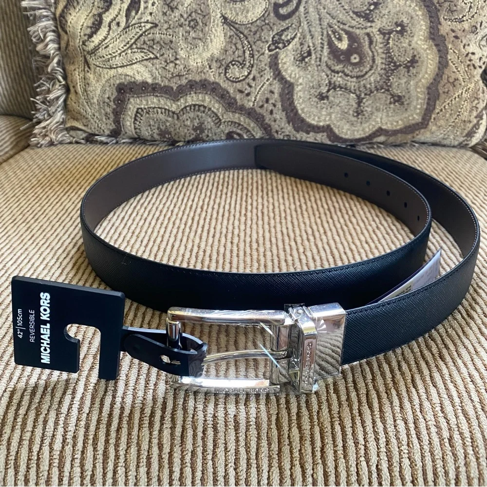NWT Men’s MK Michael Kors Leather Belt Reversible Saffiano & Smooth Size 42